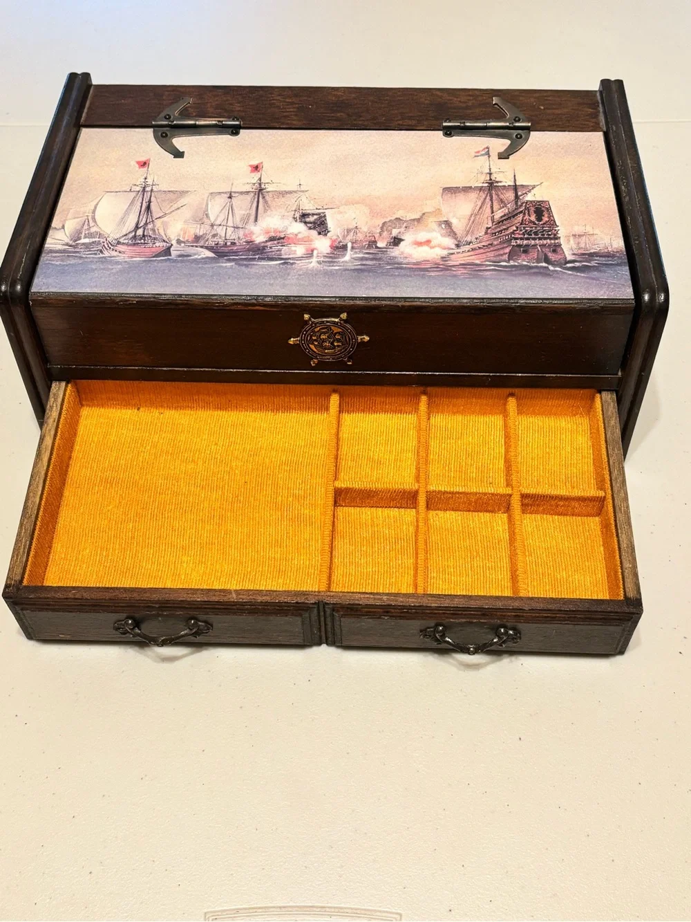 Vintage Wooden Jewelry Box with Nautical Sailing Ship Battle Scene Print on lid
